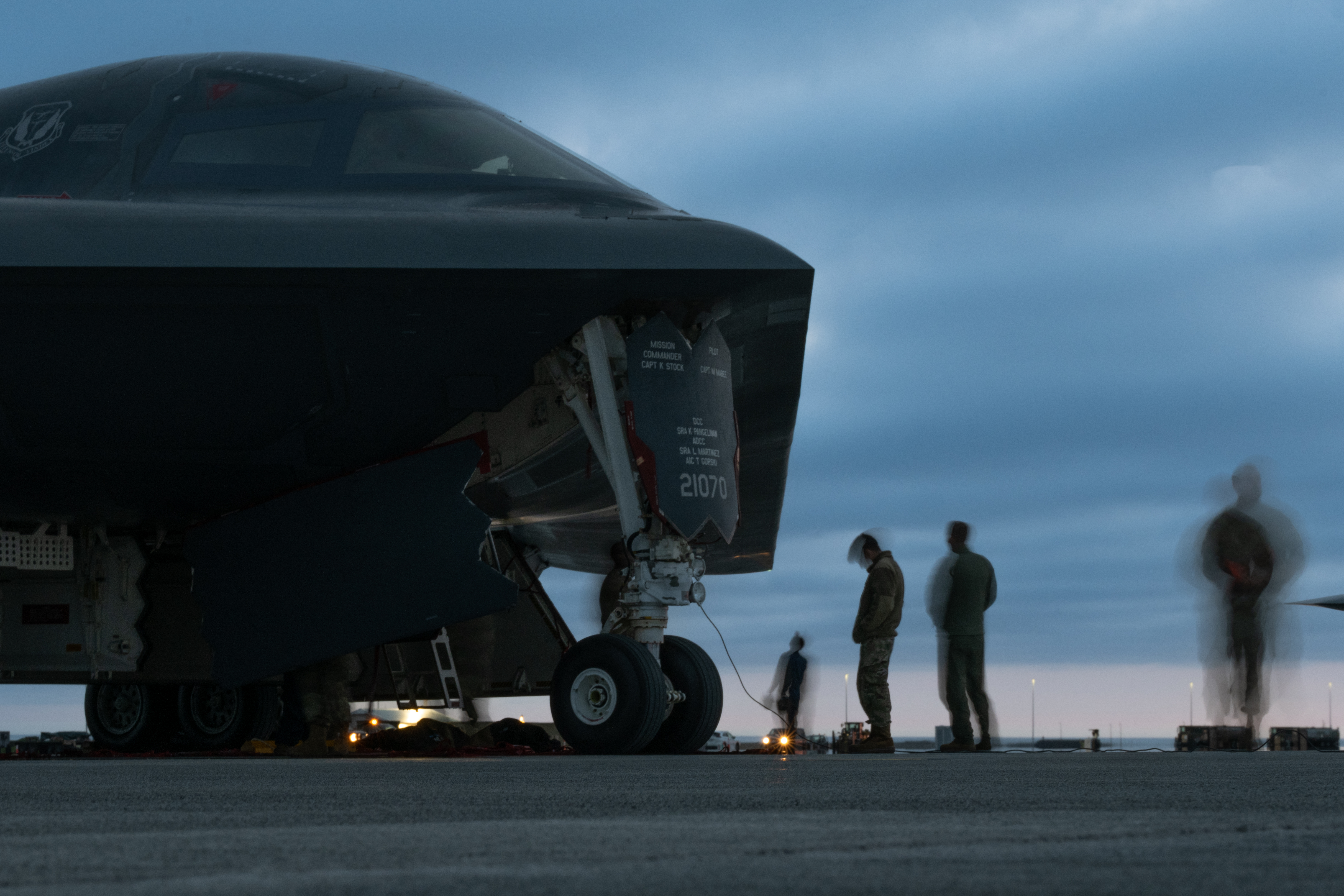 U.S. Air Force maintainers with the 393rd Expeditionary Bomb Squadron perform maintenance on a B-2 Spirit stealth bomber as part of a Bomber Task Force mission supported by the Icelandic Coast Guard at Keflavik Air Base, Iceland, Aug 30, 2023. BTF missions showcase the Air Force’s ability to continue to execute flying missions, sustain readiness and support our allies through the concept of Agile Combat Employment. (U.S. Air Force photo by Airman 1st Class Robert Hicks)