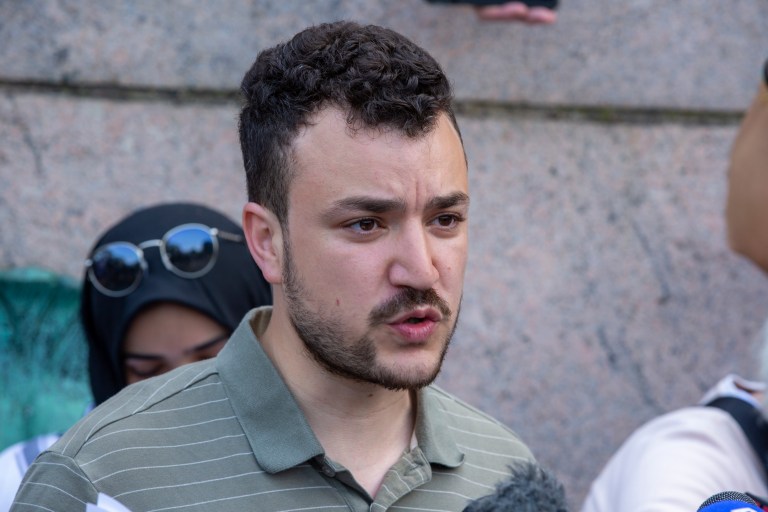 Student negotiator Mahmoud Khalil is on the Columbia University campus in New York at a pro-Palestinian protest encampment on Monday, April 29, 2024.