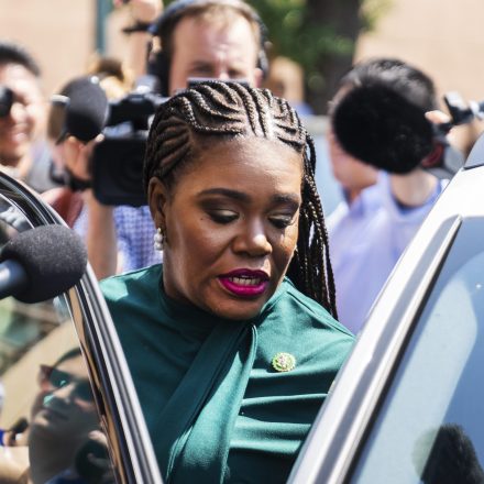 UNITED STATES - JULY 9: Rep. Cori Bush, D-Mo., leaves a meeting of the House Democratic Caucus about the candidacy of President Joe Biden at the Democratic National Committee on Tuesday, July 9, 2024. (Tom Williams/CQ Roll Call via AP Images)
