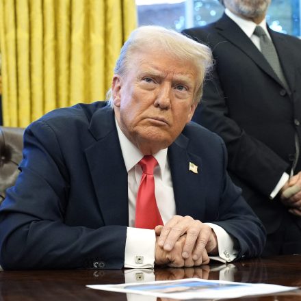 US President Donald Trump speaks to reporters after signing Executive Orders in the Oval Office of the White House in Washington on February 25, 2025. Photo by Yuri Gripas/Abaca/Sipa USA(Sipa via AP Images)