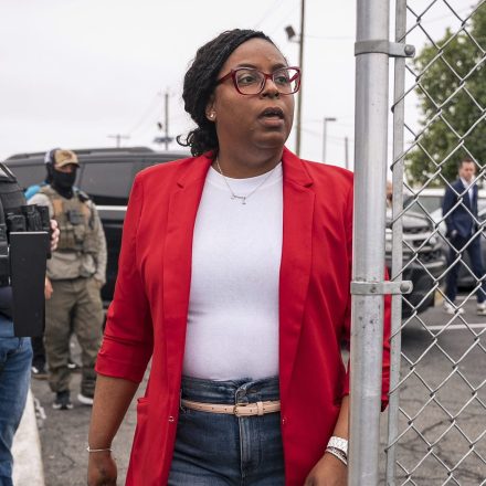 Congresswoman Rep. LaMonica McIver, D-N.J., exits the grounds at Delancey Hall ICE detention prison, Friday, May 9, 2025, in Newark, N.J, (AP Photo/Angelina Katsanis)