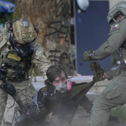 Law enforcement officers grab a demonstrator outside the U.S. Immigration and Customs building during a protest Saturday, June 14, 2025, in Portland, Ore.
