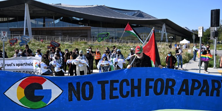Palestine solidarity demonstrators block the Google I/O developer conference entrance to protest Google’s Project Nimbus and Israeli attacks on Gaza and Rafah, at its headquarters in Mountain View, Calif., on May 14, 2024.