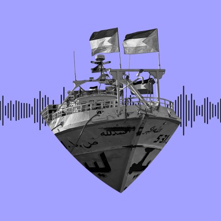 People, holding Palestinian flags, gather at the Port of Tripoli to show their supports as the 'Omar al-Mukhtar' ship, which will join the Global Sumud Flotilla from Libya, prepares to leave in Tripoli, Libya on September 16, 2025.