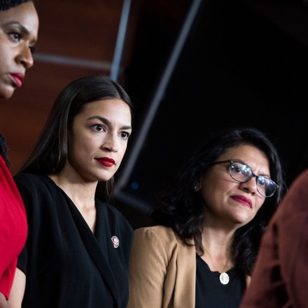 UNITED STATES - JULY 15: From left, Reps. Ayanna Pressley, D-Mass.,  Alexandria Ocasio-Cortez, D-N.Y., Rashida Tlaib, D-Mass., and Ilhan Omar, D-Minn., conduct a news conference in the Capitol Visitor Center responding to negative comments by President Trump that were directed the freshman House Democrats on Monday, July 15, 2019. (Photo By Tom Williams/CQ Roll Call)