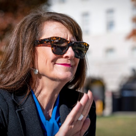 UNITED STATES - NOVEMBER 18: Rep. Marie Newman, D-Ill., speaks with a reporter outside the Capitol on Thursday, Nov. 18, 2021. (Photo by Bill Clark/CQ-Roll Call, Inc via Getty Images)