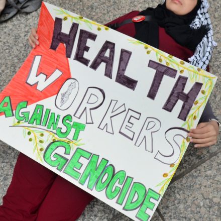 CHICAGO, UNITED STATES - NOVEMBER 16: Pro-Palestinian demonstrators from healthcare workers gather to demonstrate against Israeli airstrike on hospitals in front of Federal Plaza in Chicago, Illinois, United States on November 16, 2023. (Photo by Jacek Boczarski/Anadolu via Getty Images)