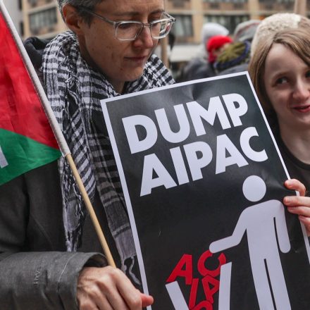 NEW YORK, UNITED STATES - FEBRUARY 22: Pro-Palestinian Jewish American demonstrators rally outside the Manhattan headquarters of Pro-Israel lobbying group American Israel Public Affairs Committee (AIPAC) and the offices of Senators Chuck Schumer and Kirsten Gillibrand, who accept donations from the group on February 22, 2024 in New York City, United States. More than ten demonstrators were arrested at the end of the peaceful demonstration inside of the building where Senator Gillibrand and Schumer have offices. (Photo by Selcuk Acar/Anadolu via Getty Images)