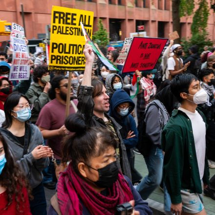 Pro-Palestine protesters demonstrate outside of New York University against the school's investments and its administrations views on Israel on May 03, 2024 in New York City.