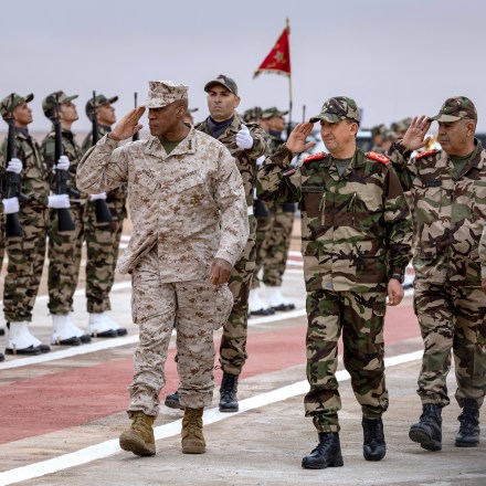 Moroccan Royal Armed Forces Inspector General and Commander of the southern military zone Major General Mohammed Berrid and the Commander of US Africa Command General Michael Langley inspect an honor guard during the annual "African Lion" joint military exercise between US and Moroccan forces in the Tan-Tan region in southwestern Morocco on May 31, 2024.