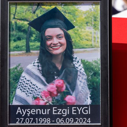 A photo of Aysenur Ezgi Eygi at her funeral at Didim Central Mosque in Aydin, Turkiye on September 14, 2024.