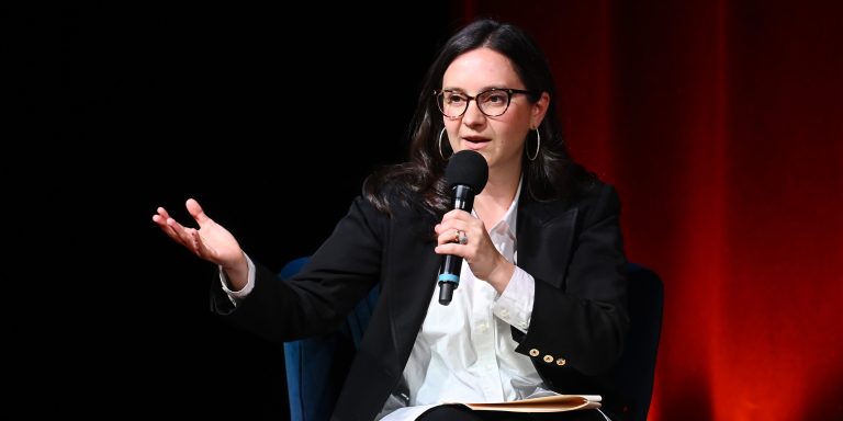 NEW YORK, NEW YORK - NOVEMBER 19: Bari Weiss speaks onstage during Book Club Event With Peggy Noonan on November 19, 2024 in New York City. (Photo by Noam Galai/Getty Images for The Free Press)