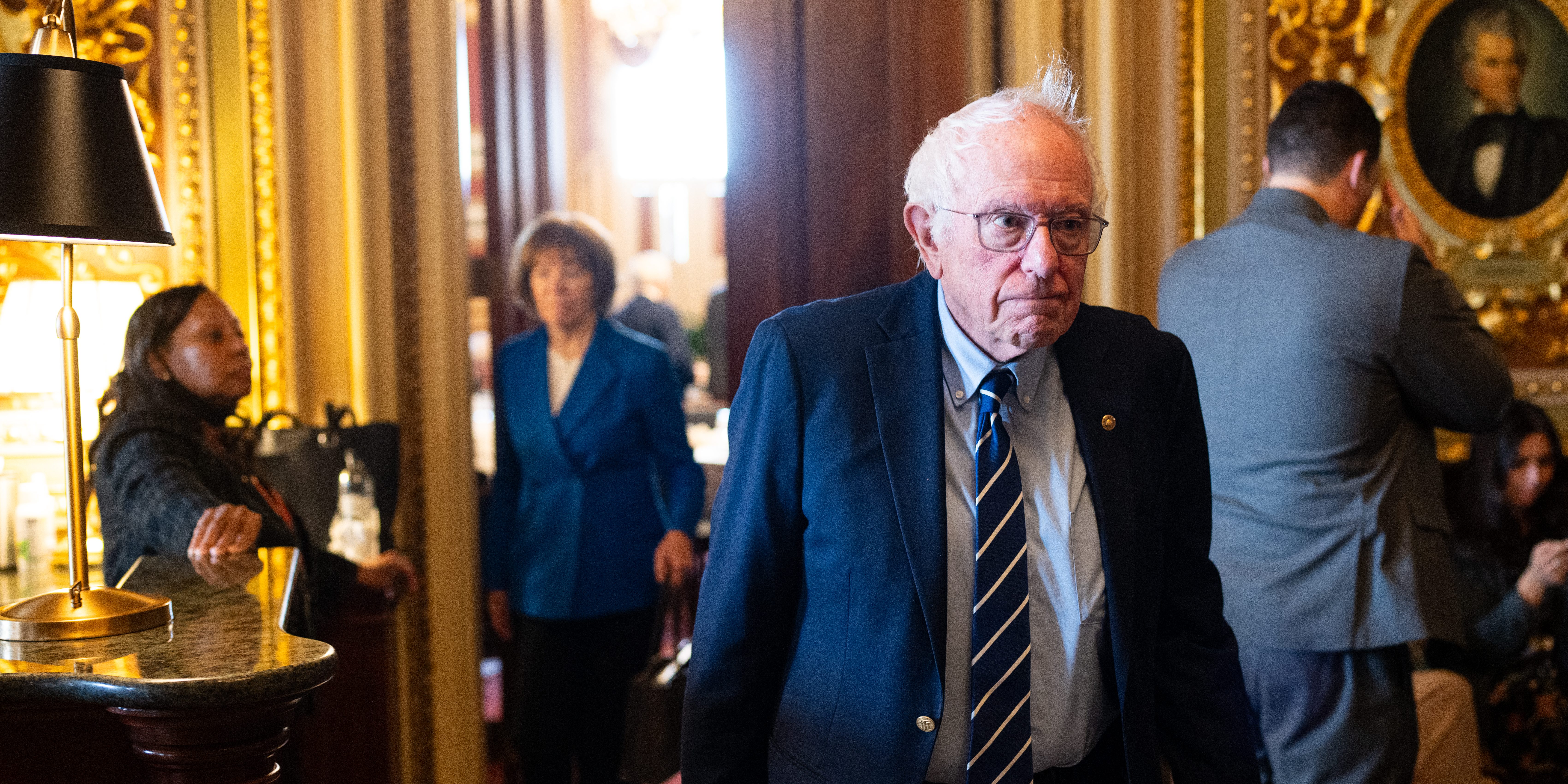 UNITED STATES - MARCH 25: Sen. Bernie Sanders, I-Vt.,  leaves the Senate Democrats' lunch in the U.S. Capitol on Tuesday, March 25, 2025. (Bill Clark/CQ-Roll Call, Inc via Getty Images)