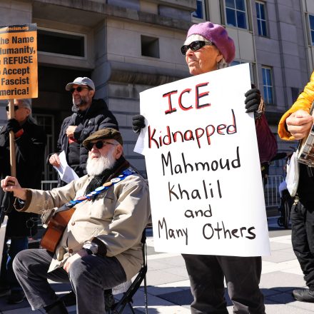 NEWARK, NEW JERSEY - MARCH 27: People take part in a protest against the arrest and detention of Mahmoud Khalil, a green card holder who played a role in pro-Palestinian protests by members of ICE, outside the Newark courthouse on March 27, 2025 in Newark, New Jersey. Mahmoud Khalil who is a Columbia protest leader is expected to return to Newark to face his trial case. (Photo by Kena Betancur/VIEWpress/Corbis via Getty Images)