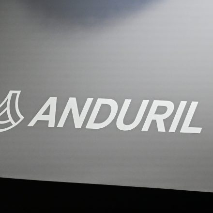 The logo of Anduril Industries, the American defense technology company, at a conference in Australia on March 25, 2025.