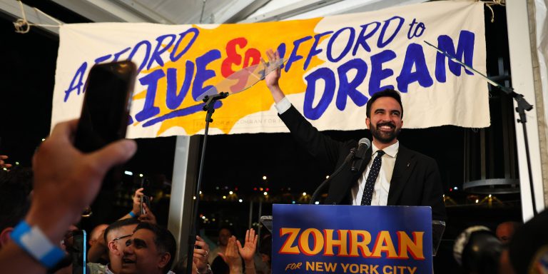NEW YORK, NEW YORK - JUNE 24: New York mayoral candidate, State Rep. Zohran Mamdani (D-NY) greets supporters during an election night gathering at The Greats of Craft LIC on June 24, 2025 in the Long Island City neighborhood of the Queens borough in New York City. Mamdani was announced as the winner of the Democratic nomination for mayor in a crowded field in the City’s mayoral primary to choose a successor to Mayor Eric Adams, who is running for re-election on an independent ticket. (Photo by Michael M. Santiago/Getty Images)
