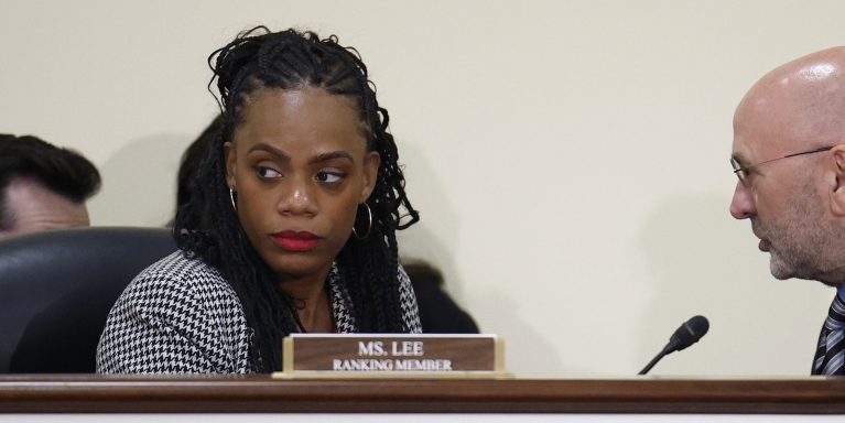WASHINGTON, DC - JULY 23: (L-R) Ranking Member Rep. Summer Lee (D-PA) speaks with Subcommittee Chair Rep. Clay Higgins (R-LA) as a hearing with the House Committee on Oversight and Government Reform Subcommittee on Federal Law Enforcement briefly returns from recess in the Rayburn House Office Building on July 23, 2025 in Washington, DC. The hearing titled, “Catch and Release, Lose and Forget: Addressing the Crisis of Unaccompanied Alien Children” comes amid the Trump Administration’s ongoing crackdown on immigration, including the recent termination of funding for legal services for unaccompanied immigrant children. (Photo by Kevin Dietsch/Getty Images)