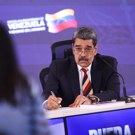 CARACAS, VENEZUELA - SEPTEMBER 01: President of Venezuela Nicolás Maduro listens to questions from journalists during a press conference at Hotel Melia Caracas on September 01, 2025 in Caracas, Venezuela. Maduro stated that his government is targeted by 8 military ships and 1,200 misiles; what he called the largest threat on Venezuela in the last 100 years. (Photo by Jesus Vargas/Getty Images)