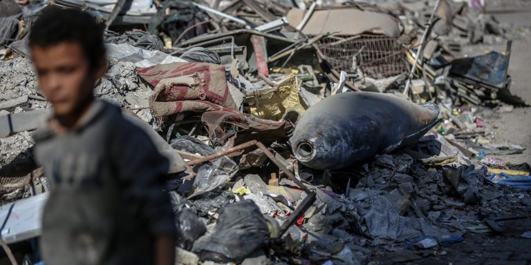 GAZA STRIP - OCTOBER 30: A view of unexploded munitions left by Israeli strikes may cause deadly risk to civilians at the Al-Jalaa street remains awaiting for disposal in Gaza Strip on October 30, 2025. (Photo by Saeed M. M. T. Jaras/Anadolu via Getty Images)