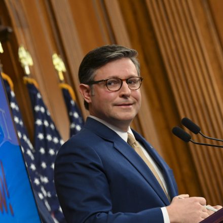 WASHINGTON, DC - NOVEMBER 3: U.S. Speaker of the House Mike Johnson (R-LA) speaks during a press conference on Capitol Hill on November 3, 2025 in Washington, DC. Today marks the 34th day of the stalemate between Republicans and Democrats, leading into what could be America's longest funding lapse.  (Photo by Roberto Schmidt/Getty Images)