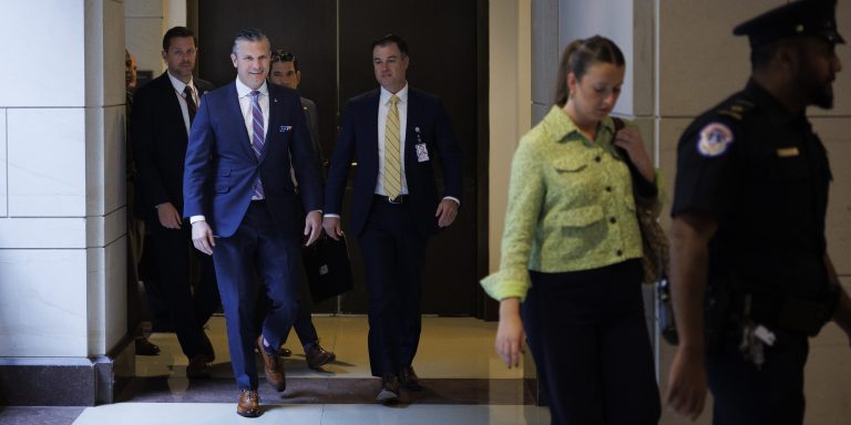 Secretary of War Pete Hegseth arrives on Capitol Hill for a secure briefing with lawmakers and U.S. Secretary of State Marco Rubio on November 5, 2025 on Capitol Hill in Washington, DC.