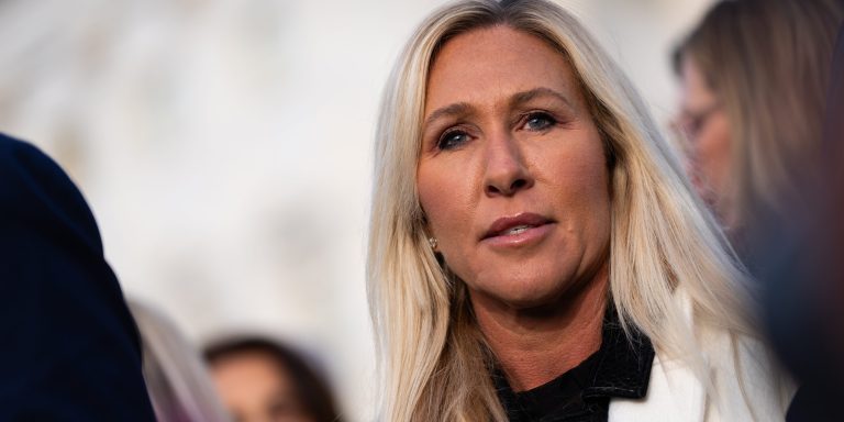 WASHINGTON, DC - NOVEMBER 18: Rep. Marjorie Taylor Greene, pictured, R-Ga, Rep. Ro Khanna, D-Calif., and Rep. Thomas Massie, R-Ky held a press conference outside the U.S. Capitol, on Tuesday, November 18, 2025, with victims of convicted sex offender Jeffrey Epstein as the House prepares to vote to release records related to him.  Sarah L. Voisin/The Washington Post via Getty Images)