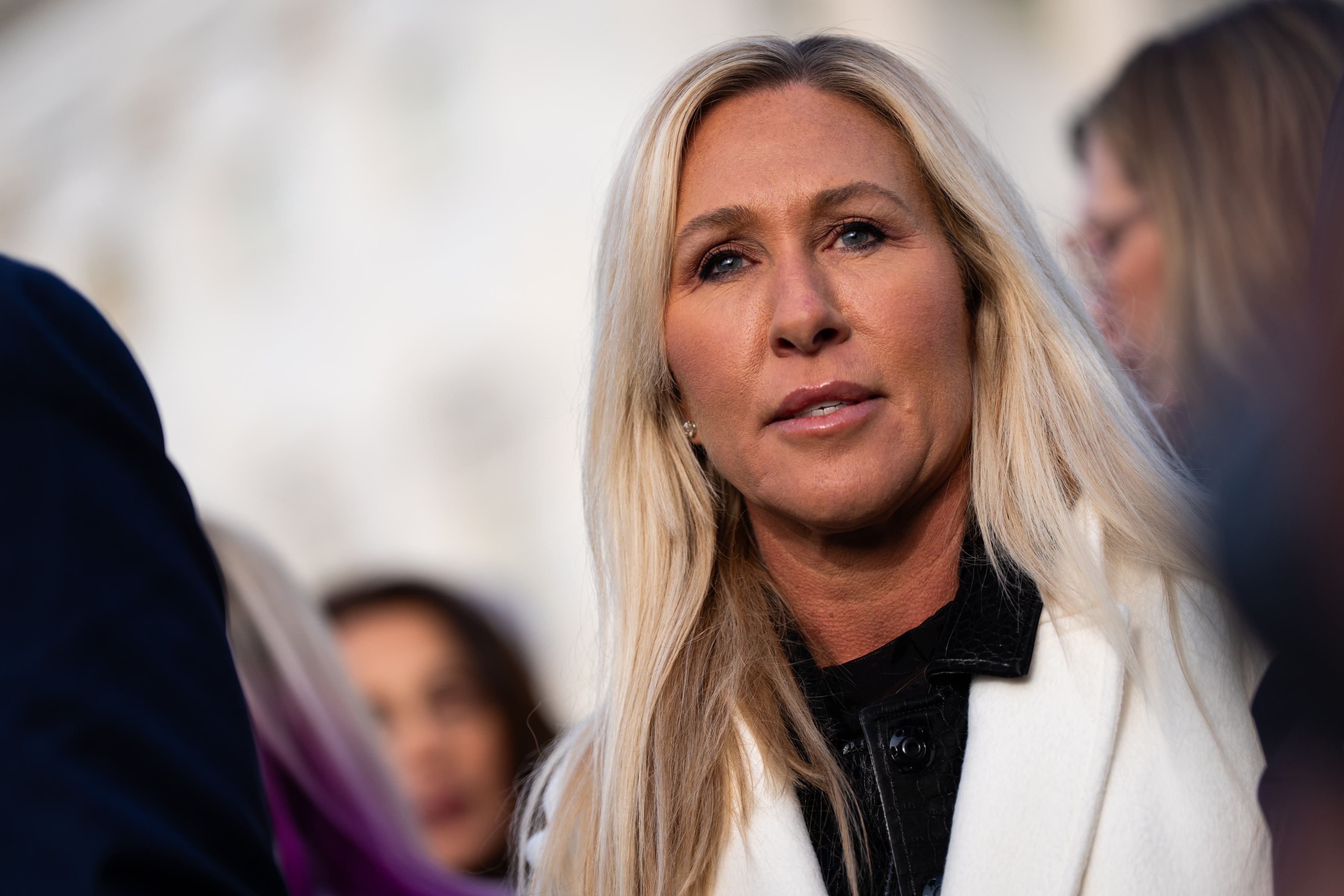WASHINGTON, DC - NOVEMBER 18: Rep. Marjorie Taylor Greene, pictured, R-Ga, Rep. Ro Khanna, D-Calif., and Rep. Thomas Massie, R-Ky held a press conference outside the U.S. Capitol, on Tuesday, November 18, 2025, with victims of convicted sex offender Jeffrey Epstein as the House prepares to vote to release records related to him.  Sarah L. Voisin/The Washington Post via Getty Images)