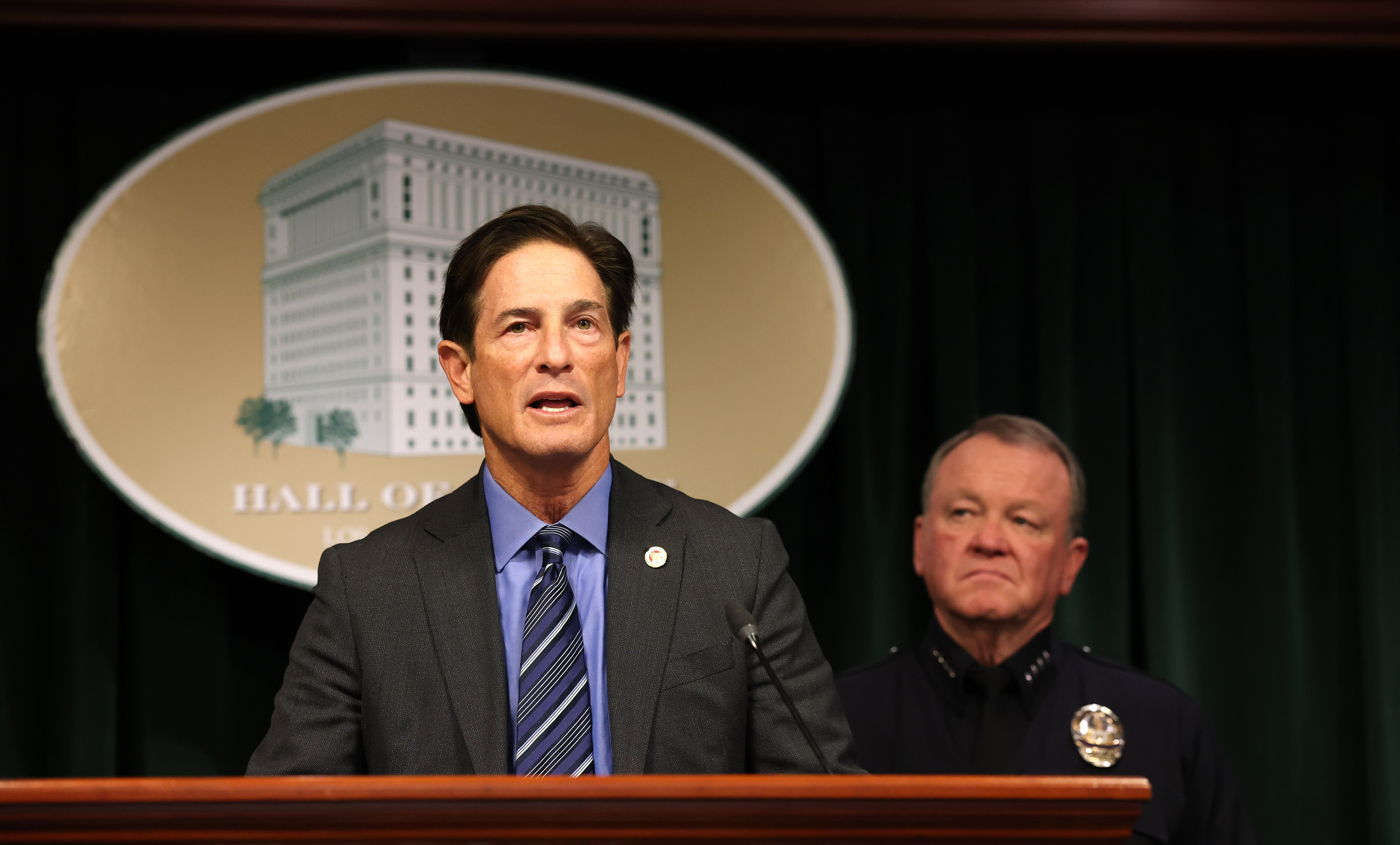 LOS ANGELES, CALIF. DECEMBER 16, 2025 Los Angeles County District Attorney Nathan J. Hochman and Los Angeles Police Chief Jim McDonnell announced charges against Nick Reiner in the case involving the murders of his parents, Rob Reiner and Michele Singer Reiner on Tuesday, December 16, 2025. (Photo by Robert Gauthier/Los Angeles Times via Getty Images)