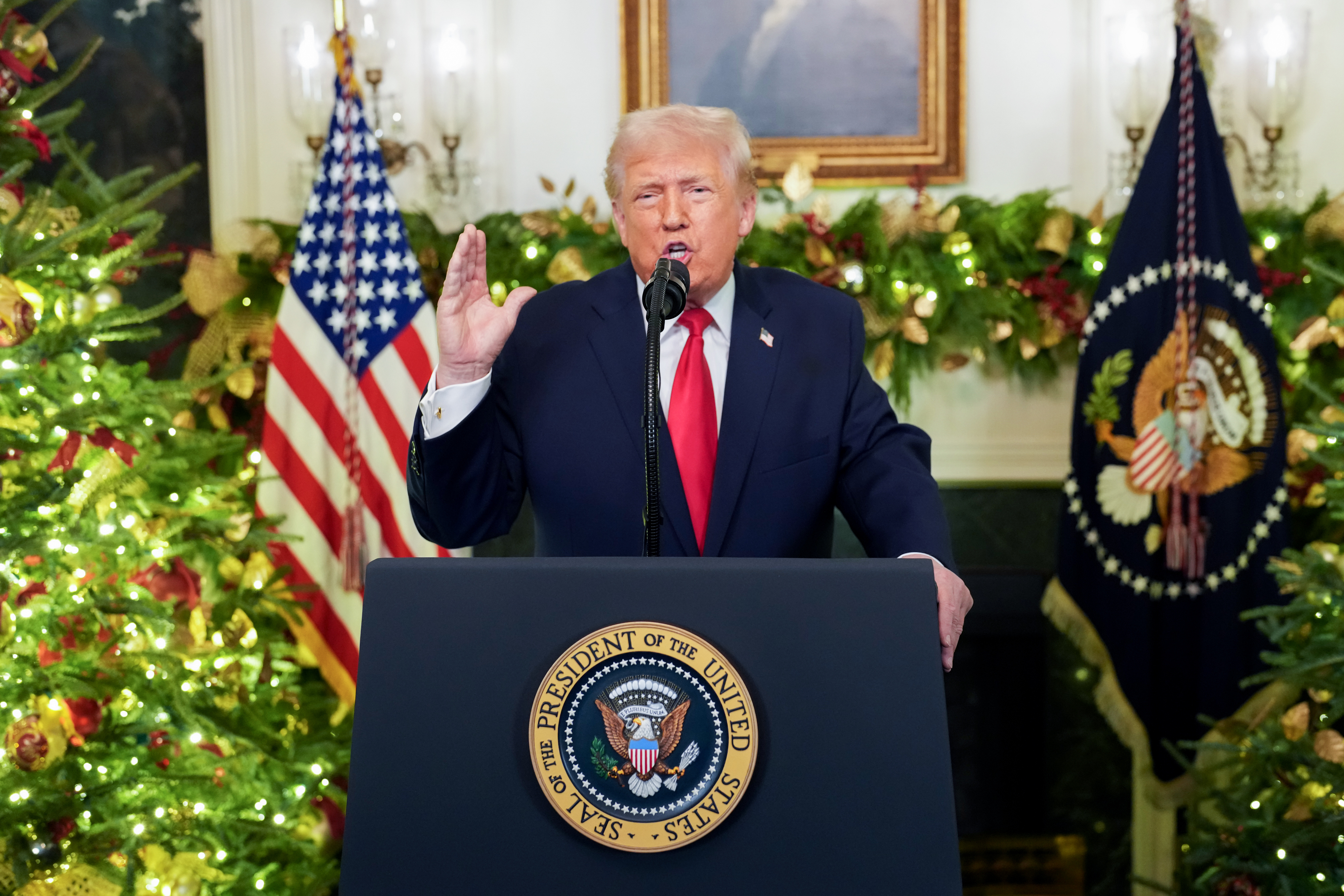 US President Donald Trump during a prime-time address to the nation in the Diplomatic Reception Room of the White House in Washington, DC, US, on Wednesday, Dec. 17, 2025. Trump will use the speech to detail "the historic accomplishments that he has garnered our country over the past year" as well as "teasing some policy that will be coming in the new year." Photographer: Doug Mills/The New York Times/Bloomberg via Getty Images