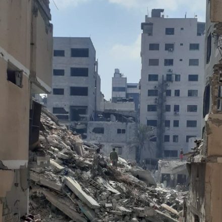 The view from the Skaik family home in Gaza City of the tower next door in rubble on September 15, 2025, destroyed by an Israeli attack.
