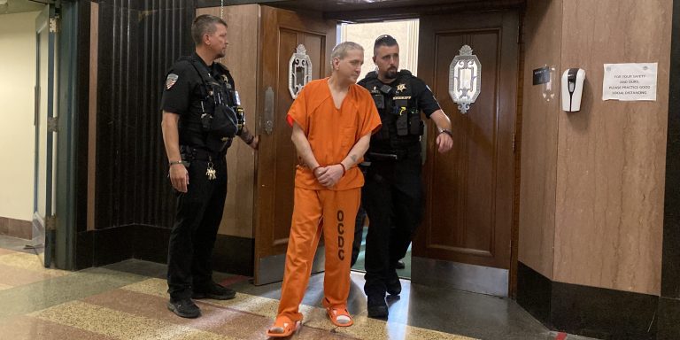 Sheriff’s deputies lead longtime death row inmate Richard Glossip to a courtroom on June 9, 2025, at the Oklahoma County Courthouse in Oklahoma City.
