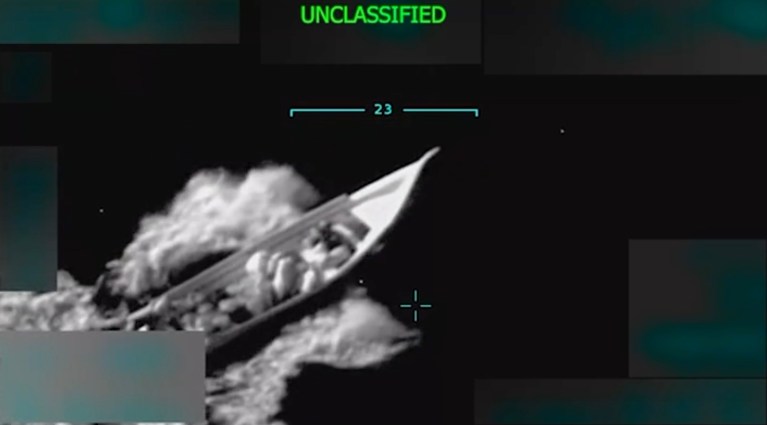 A screenshot from the edited video President Donald Trump posted to Truth Social on Sept. 2, 2025, showing a U.S. military strike on a boat in the Caribbean Sea.