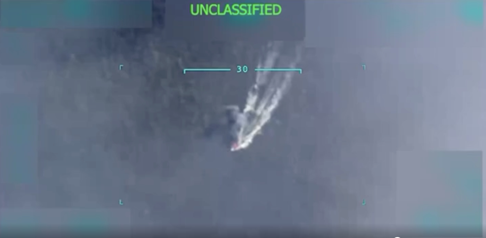 A screenshot from the edited video President Donald Trump posted to Truth Social on Sept. 2, 2025, showing a U.S. military strike on a boat in the Caribbean Sea.