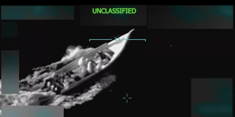 A video of a boat in the Caribbean being destroyed by U.S. military forces.